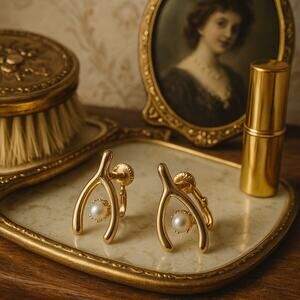 VTG Dainty Faux Pearl Gold Tone Wishbone Screw-back Clip Style Earrings Feminine